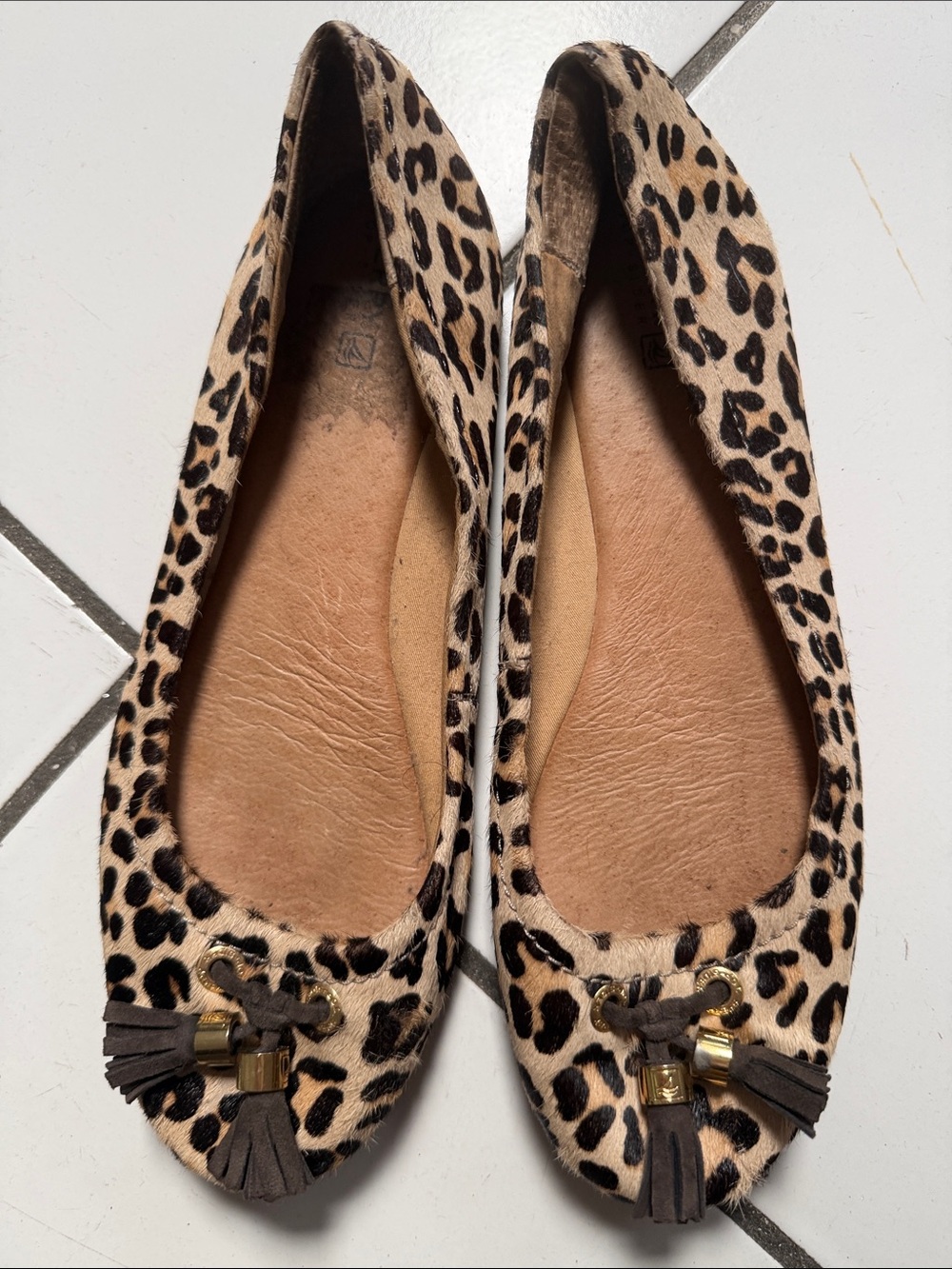 Sperry Leopard Print Tassel Ballet Flats - Beige and Black